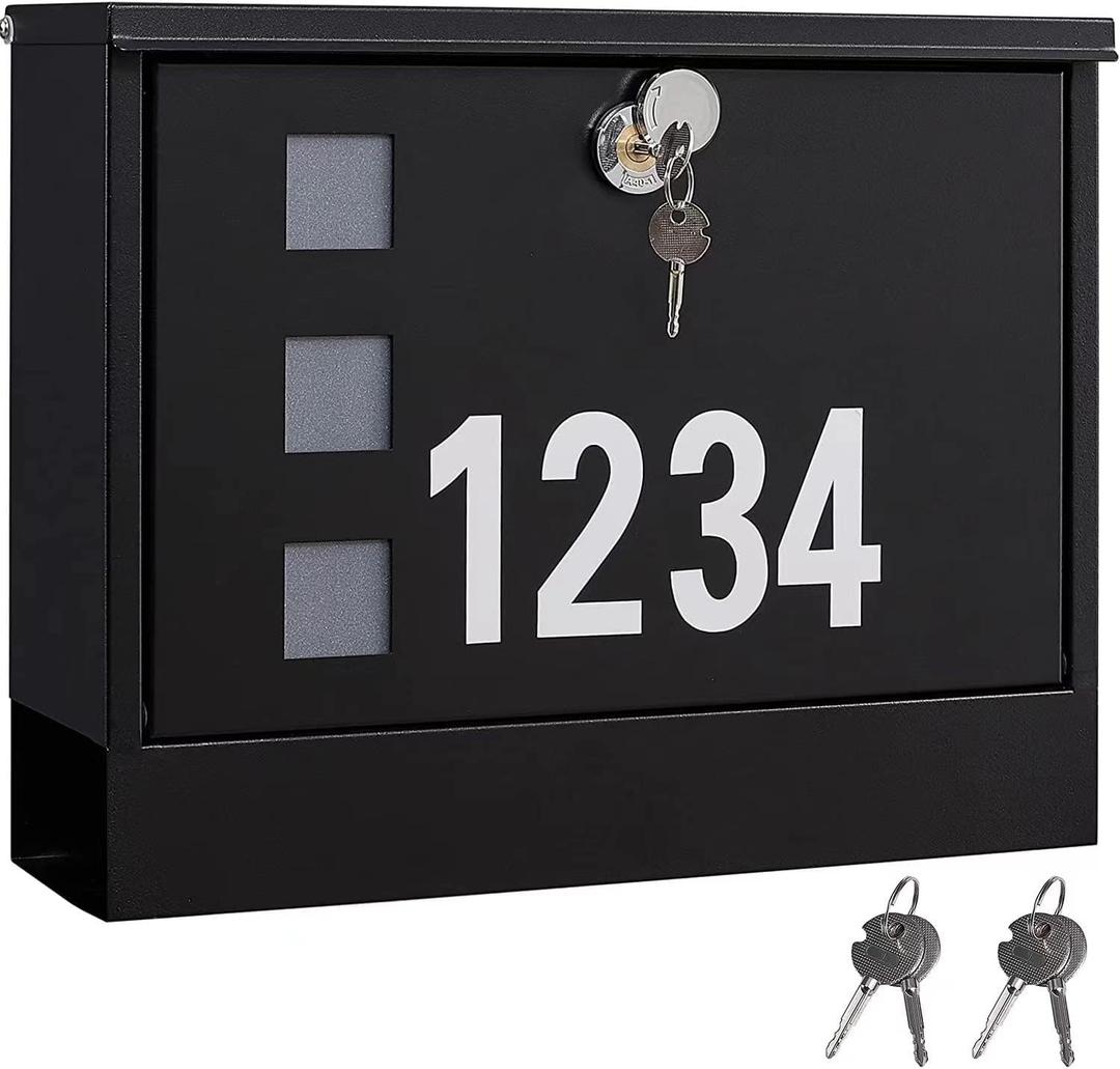 LANDVOI Locking Mailbox Wall Mounted, Metal Postbox with Three Sets of Mail Box Number Stickers, 4 Keys, 14.4" x 4.5" x 11.2", Large Capacity, Black, AMB11B