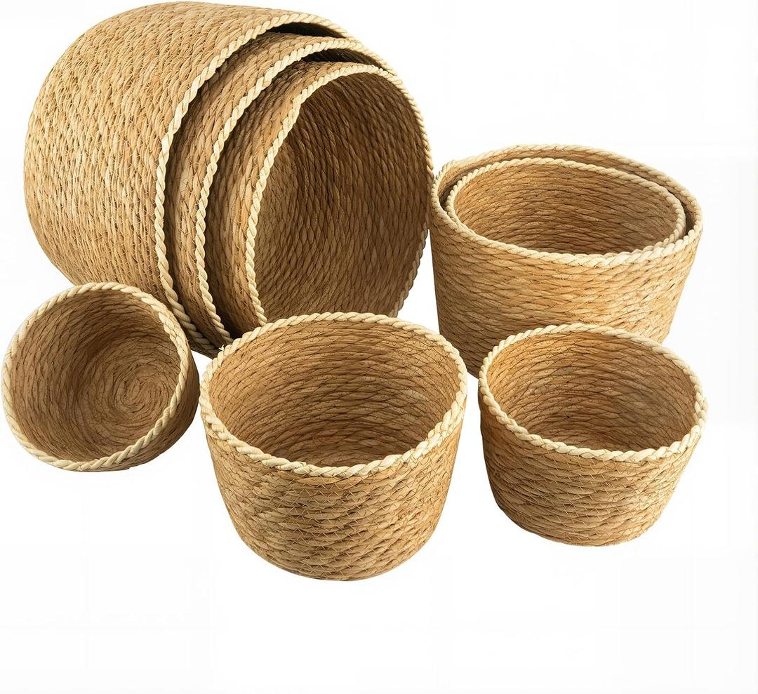 8pc Round Storage Baskets, Handwoven Natural Reed Grass, Structured