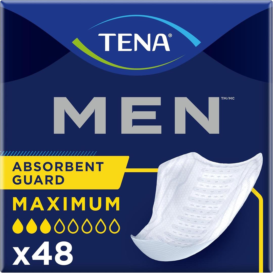 TENA Men Maximum Guards, Incontinence Pads for Men, 48 ct | Engineered to fit the male anatomy, these discreet, cup-shaped male guards help manage moderate bladder leaks, odor & wetness