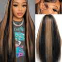 KUKIM 28 Inch Ombre Straight Wigs Human Hair 13x6 HD Transparent Lace Front Wigs Human Hair Pre Plucked 200 Density Highlight Real frontal Wig Can Last 6-9 Months Tangle-Free Natural Black for Women