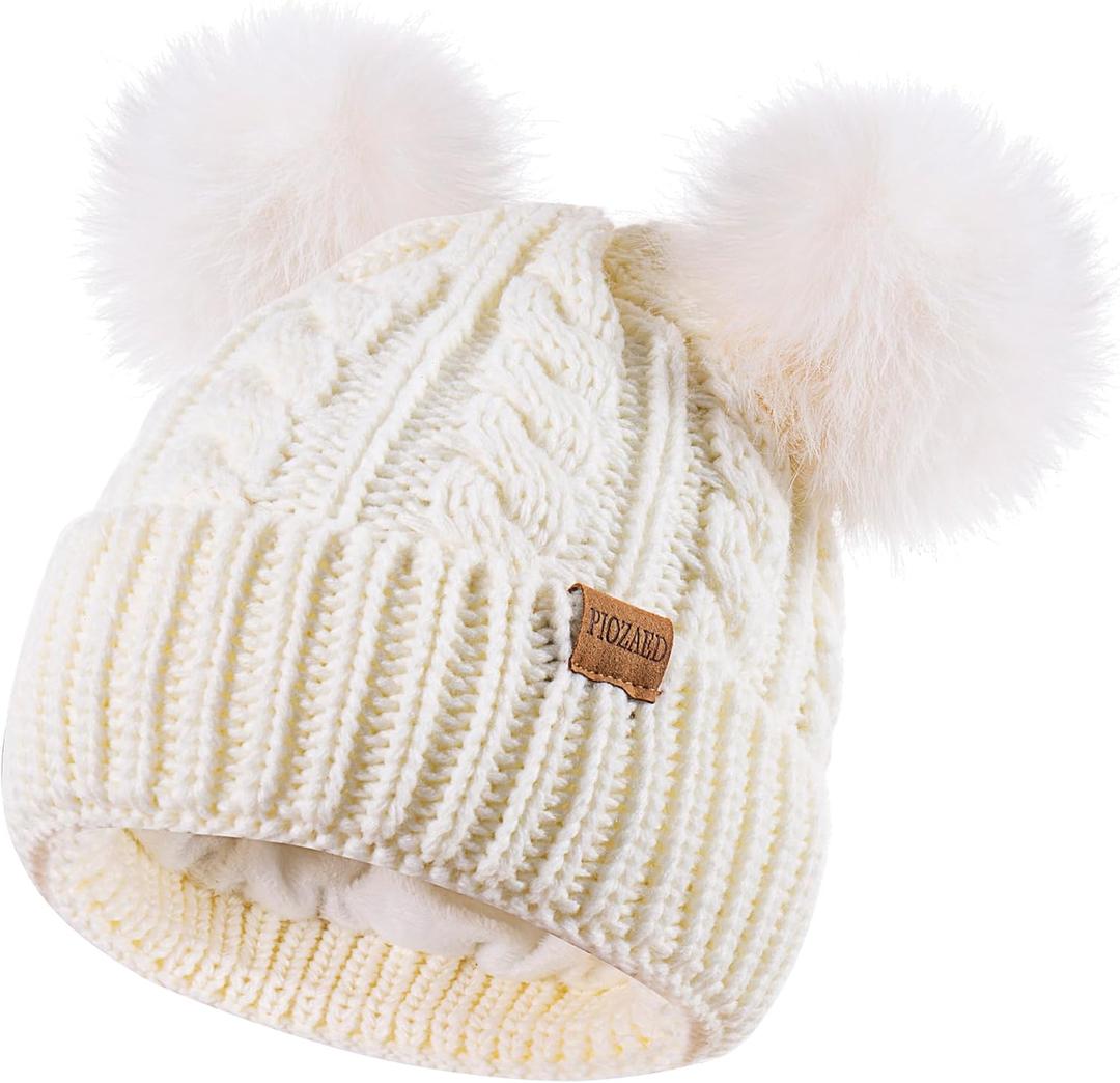 Women's Winter Hat Soft Knit Beanie with Faux Fur Pom Hat with Warm Fleece Lining Skull Cap for Women (White)