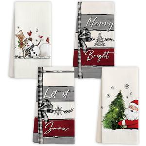 Winter Christmas Tree Santa Snowman Kitchen Towels, Rustic Gray White and Red Xmas Decorative Hand Towels for Bathroom Kitchen, Holiday Xmas Dish Tea Towel Drying Cloth, 16x24 Inch Set of 4