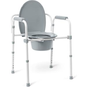 Medline 3-in-1 Steel Bedside Commode, Elongated Seat, Sturdy Folding Frame, 7.5 QT. Bucket, 350 lb. Weight Capacity, Clip-on Seat, Easy Cleaning, Tool-Free Assembly, Gray