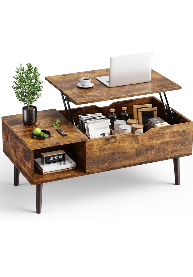 OLIXIS Wood Lift Top Coffee Table with Hidden Compartment and Large Storage Shelf, Lift Tabletop Dining Center Table for Home Living Room Office, Natural Wood