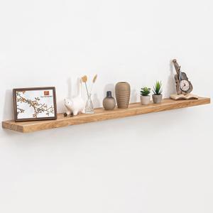 Fun Memories 55" Floating Shelves for Wall, Rustic Solid Elm Wood Floating Shelves - Invisible Bracket Mount, Extra Long Wall Mounted Shelf for Living Room, Bathroom, Bedroom, Kitchen, Natural