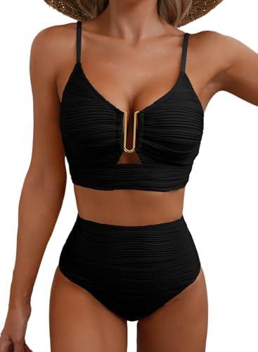 Herseas 2 Piece Bikini Set U-Wire Cutout Popular Swimsuit High Waisted Textured 2026 Summer Beach Swim Bathing Suits Black M