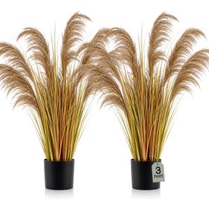 Jexine 2 Pcs 3 ft Fall Artificial Pampas Grass Plants in Pots