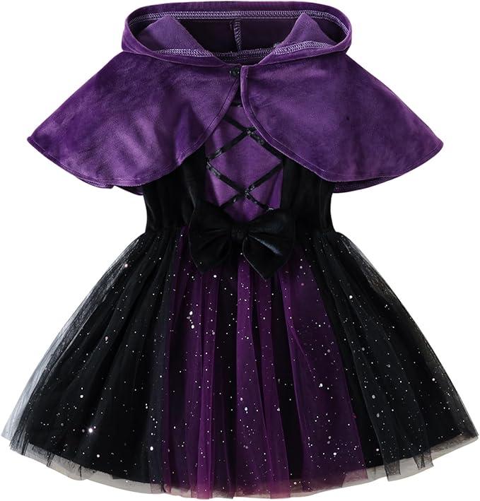 AGQT Toddler Girl Witch Costume Halloween Outfit 2 Piece Set Tulle Dress with Cape Little Kids Purple Hooded Poncho, 100