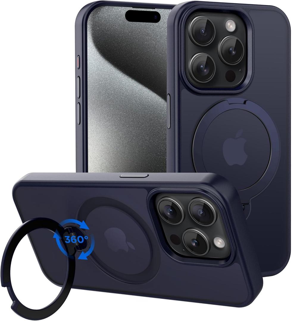 CACOE Magnetic Case for iPhone 15 Pro 6.1 inch with 360 Rotatable Ring Stand, Compatible with MagSafe Car Phone Mount, Cases Cover Phone Holder for Desk Meeting/Videos Dark Blue