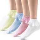 4 Pairs Crew Socks Ruffle - Fancy White Socks Cute For Women, White/Yellow/Blue/Pink