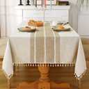 Laolitou Rustic Cotton Linen Table Cloth,Tablecloths for 6 Foot Rectangle Tables,Waterproof Washable Tablecloth with Tassel Rectangle/Oblong, 55''x 86'', 6-8 Seats (Lines Coffee)