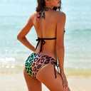 Women's Leopard Print Swimsuit Halter Padded Top Tie Side Bottom Triangle Bikini Sets (M)
