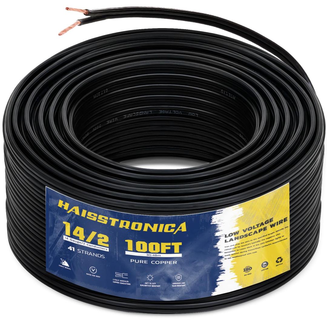 haisstronica 14/2 Low Voltage Landscape Wire 100ft - Copper Direct Burial Waterproof Cable for Landscape Lighting, Outoor Pathway Lights & Garden LED,UL Listed,UV Resistant