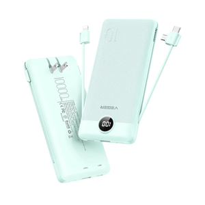 VEGER Portable Charger with Built-in AC Plug and Cables, All in One 10000mAh Ultra Slim Power Bank Travel Essentials, 15W Fast Charging Battery Pack Compatible with iPhone, Samsung, Android (Green