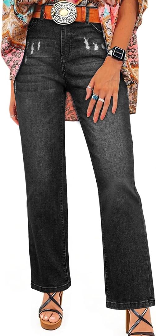 SHEWIN Straight Leg Jeans for Women Trendy High Rise Tapered Flare Jeans Stretchy Wide Leg Ankle Denim Pants with Pockets (4, Black)