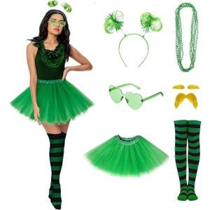 7Pcs 80s Retro Leprechaun Costume Accessories St. Patrick's Day Outfit Women Dress Pom Pom Headband Glasses Socks Adult (Green)