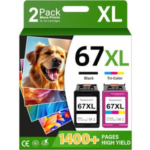 67XL Printer Ink Compatible for HP Ink 67 Replacement for HP67 67XL Ink Cartridges Black/Color Combo Pack Fit for DeskJet 2855e 2827e 4255e 2800e 2700e 2755e 4155e Envy 6000 6055e 6400 6455e Printer (2 Pack)