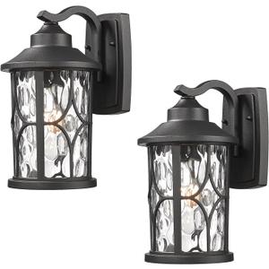 zeyu 2 Pack Patio Wall Light Fixture, 12 Inch Outdoor Modern Wall Lights, Die-Cast Aluminum, Black Finish with Water Ripple Glass, ZX48BWG-2PK BK