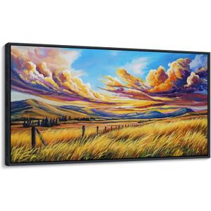 QZQCBLC Large Wall Art Living room, Golden Wheat Fields Mountain Clouds Fall Landscape Blue Oil Paintings Artwork for Bedroom Home Kitchen Office Wall Pictures Framed Decor 24x48 IN