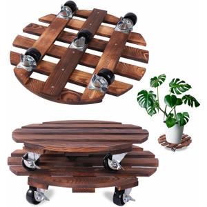 2 Pack Plant Caddy with 5 Wheels, 14" + 12" Rolling Plant Stand 220 LB Heavy Duty Wooden Round Plant Dolly with Metal 360 Lockable Caster Wheels for Outdoor Indoor Large Plant Pots, Flower Pot, Patio