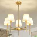 RUIYEY Dining Room Chandeliers Light - 5-Light Gold Modern Chandeliers Light Fixtures with White Fabric Shade, Height Adjustable Pendant Island Light for Entryway Farmhouse
