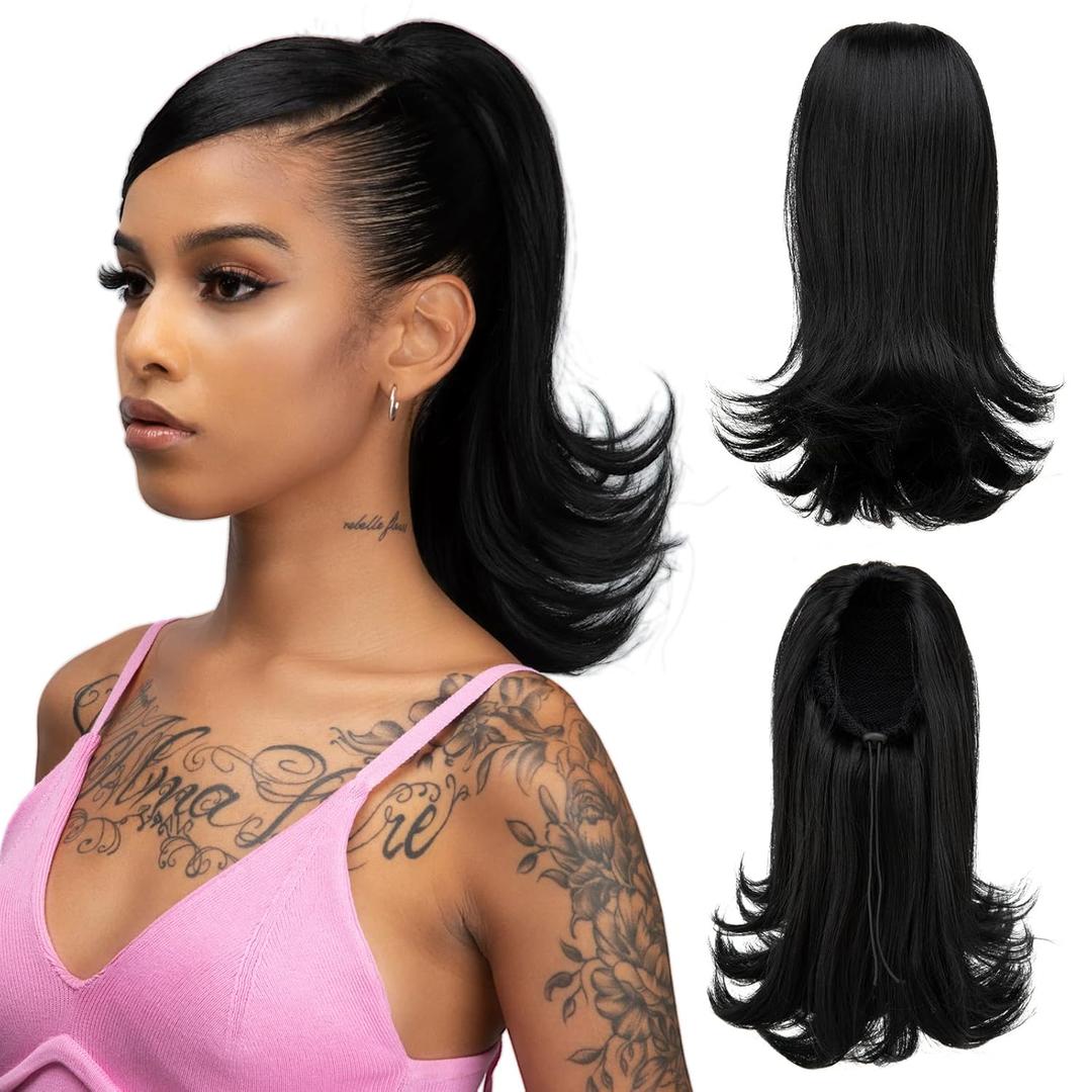 Short Black Drawstring Ponytail Hair Extension for Black Women 14 Inch Straight Ponytail with End Curls Synthetic Fake Hairpieces (Short Curly-1B Jet Black)