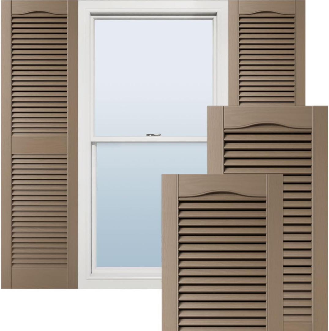 12"W x 34"H Lifetime Vinyl, Tailormade Cathedral Top Center Mullion, Open Louver Shutters, w/Shutter-Looks (Per Pair), 385 - French Roast