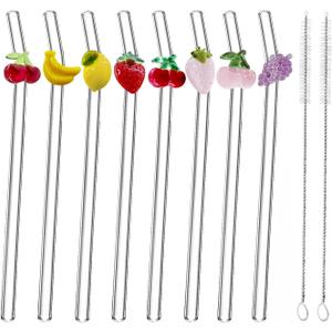 8Pcs Glass Straws With Charms,Include As A Bonus Two Straw Cleaning Brushes. (Mixed Fruit Styling)