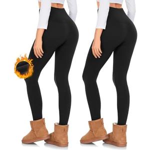 2 Pack Fleece Lined Leggings Women with Pockets - High Waisted Winter Thermal Yoga Pants (S-M)