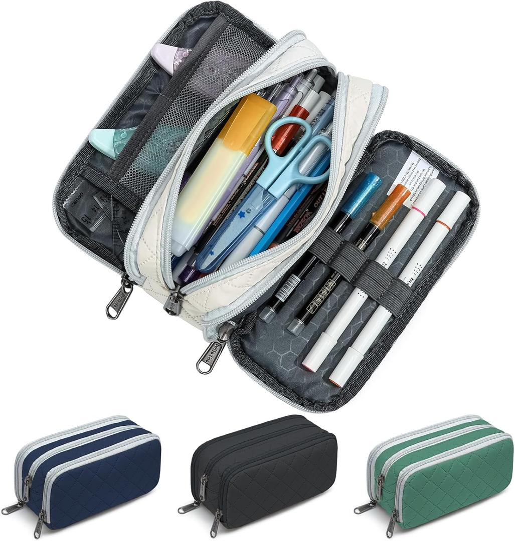 3 x Della Gao Large Pencil Case, Big Capacity Pencil Pouch with 3 Compartments, Office Pencil Bag with Zipper, Big Pen Case for Adults (Beige-03RH)