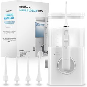 AquaSonic Aqua Flosser PRO | Professional Water Flosser with Large Capacity Reservoir | Oral Irrigator w/ 2 Modes, 10 Levels of Water Pressure, 4 Included Tips | Sleek & Compact | Dentist Recommended