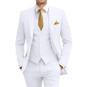 Men's Slim Fit 3 Piece Suit Two Button Business Wedding Dress Tux Suit Set Jacket Vest Pants with Tie (White, XXXL)