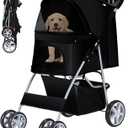 Pet Stroller, 4 Wheels Pet Strolling Cart for Medium/Small Dogs and Cats, Foldable Cat Jogger/Dog Stroller with Cup Holder, Storage Basket, Breathable Mesh, All-Season Pet Carrier, Black