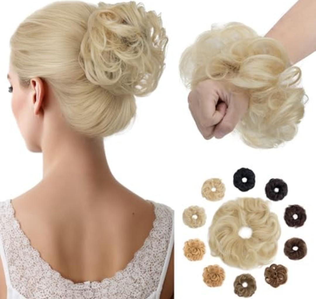 Hairro Human Hair Messy Bun, 100% Real Ponytail Hair Scrunchies, Natural Curly Chignon Fluffy Donut Updo, Hairpiece with Elastic Rubber Band for Women, 1 Count Bleach Blonde Wavy