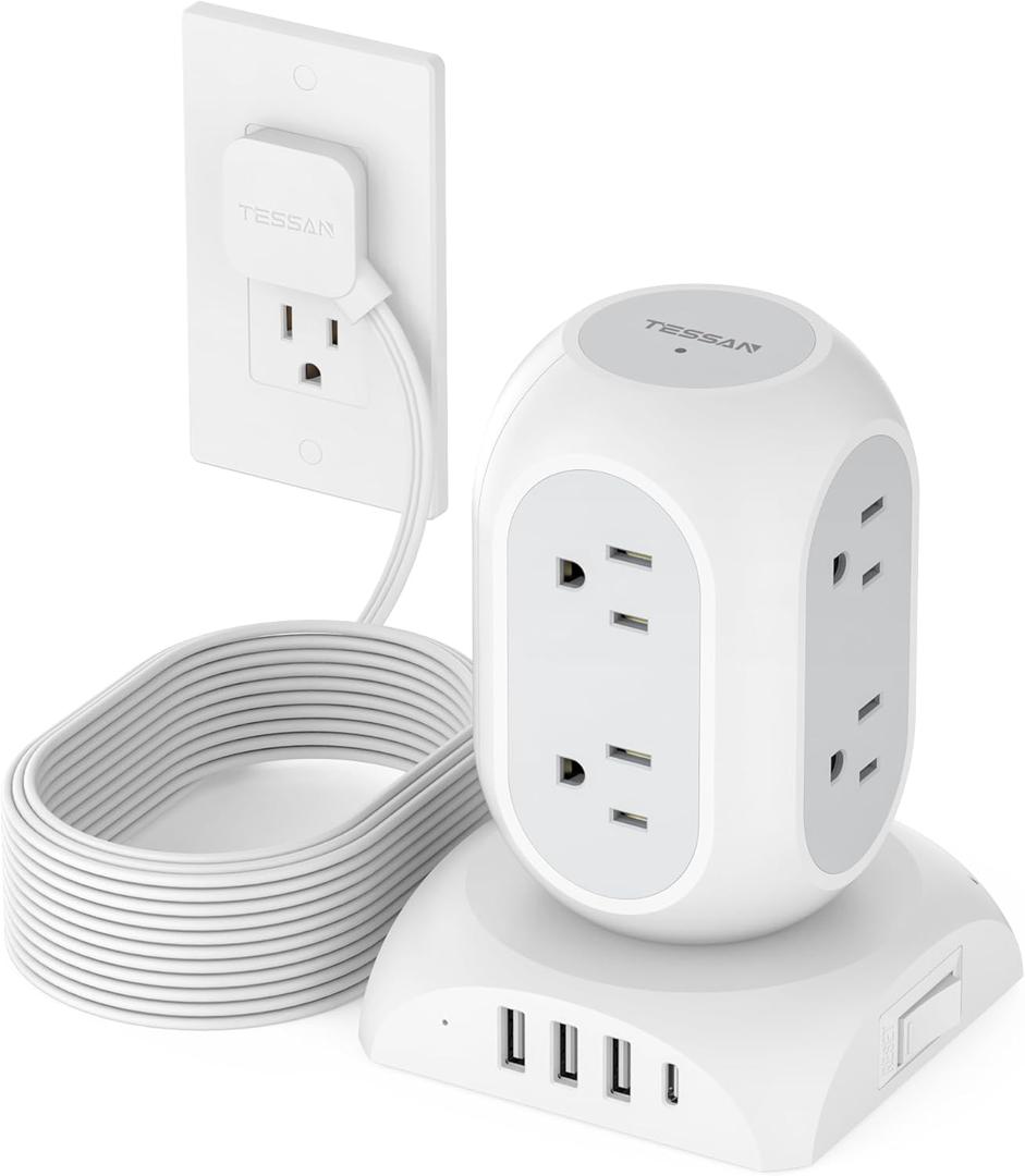 Surge Protector Power Strip Tower, TESSAN Flat Plug Extension Cord 10 Ft with 8 AC Multiple Outlets 4 USB Ports (1 USB C), 1050J Protection Desk Charging Station for Home, Office Supplies, Dorm Room (Square Bottom, Grey)