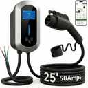 Fullwatt Level 2 EV Charger 50 Amp/12KW, 240V Hardwired Electric Car Charger with J1772 Connector & Display, Wi-Fi and Bluetooth Enabled Electric Vehicle Charging Stations IP65 RFID, 25FT Cable, Grey