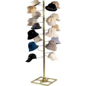 MyGift Freestanding Cowboy Hat Display Rack, 360 Degree Rotating Wig or Baseball Cap Organizer Stand with 20 Customizable Circular Hooks, 6 Foot Height, Brass-Tone Metal