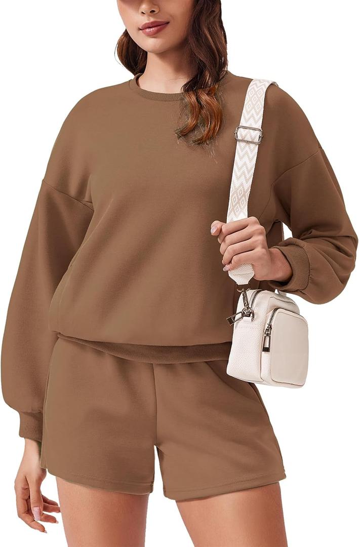 PINSPARK Two Piece Sets for Women 2024 Fall Outfits Sweatsuit 4 Pockets Sweat Short Sets Casual Matching Set Travel Tracksuit (X-Large, Khaki)