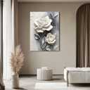 Elegant White Rose Canvas Wall art Modern Abstract Floral Wall Decor Picture White Blooming Flowers Poster Print Painting for Office Living Room Bedroom Bathroom Home Decorate Prepare To Hang, 36"L x 24"W-Canvas