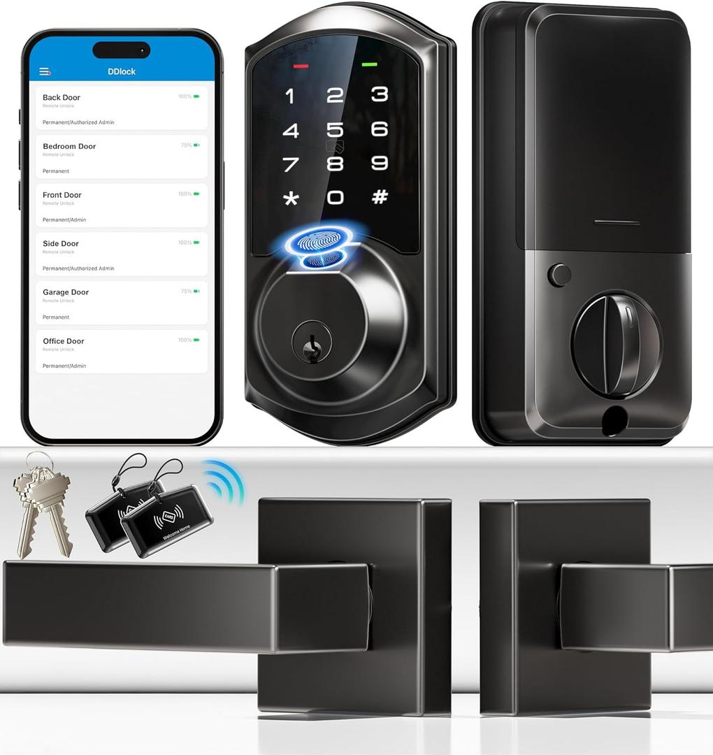 Veise Fingerprint Smart Locks for Front Door with 2 Lever Handle Set, App Control, Keyless Entry, Electronic Digital Keypad Deadbolt, Auto Lock, Waterproof, Easy to Install, Matte Black