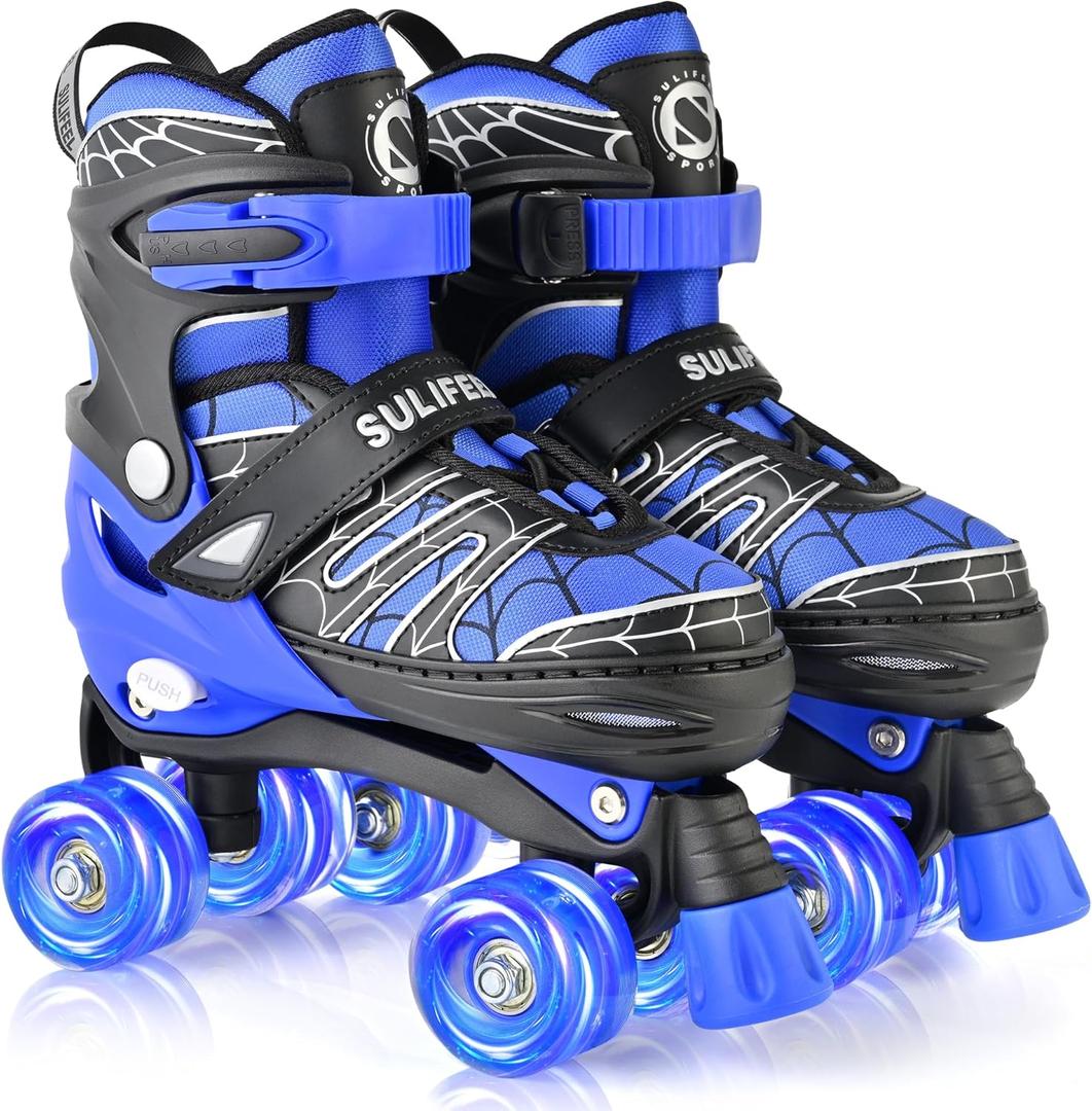 SULIFEEL Adjustable Kids Roller Skates for Boys Ages 3-5 5-8 6-12 with 4 Sizes Adjustable Light up Wheels, Best Children Gift for Beginners Indoor Outdoor Sports (Medium - Big Kid, B Spider Blue)