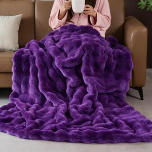 Purple Faux Fur Throw Blanket for Couch, Double-Sided Bubble Textured Plush Blanket with Soft Flannel Back, Decorative Throw for Sofa or Bed, Machine Washable, 60x80 Inches, 860 GSM