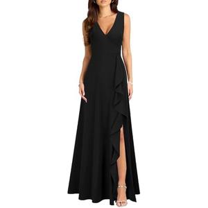 MUSHARE Women's V Neck Sexy Split Cocktail Dress with Pockets Ruffle Party Long Formal Dress 2XL
