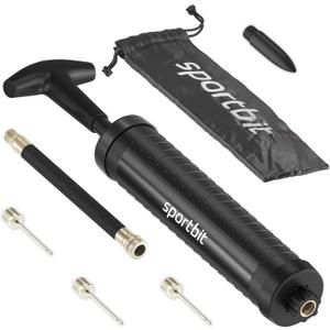 SPORTBIT Ballpump for Sports Balls - Basketball Pump for Sport Balls - Football & Soccer, Basketball, Volleyball Pump, Swim Inflatables - Hand Air Pump with 3 Needles, Nozzle, Extension Hose, Pouch (Black)