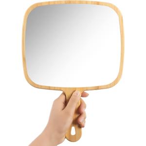 YEAKE Hand Mirror,Extra Large Natural Bamboo Handheld Mirror with Handle, Single-Sided Portable Travel Vanity Mirror for Men & Women,8.9" W x 12.4" L
