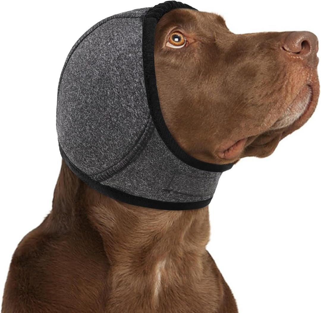 KOESON Dog Calming Hoodie - No Shake Ear Wraps for Dogs, Anxiety Relief & Noise Protection, Water Resistant Pet Ear Cover Muffs for Thunderstorms, Swimming, Firework, Grooming, Bathing, Grey M