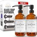 2 Pack Amber Glass Soap Dispenser 16 OZ with Matte Black Stainless Steel Pump, Hand and Dish Soap Dispenser Set for Bathroom and Kitchen Sink with 6 Waterproof Labels