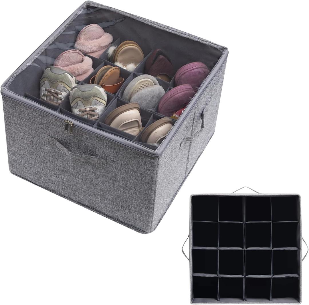 PARANTA 1 Piece Shoe Organizer for Closet, Fits up to 16 Pairs, Fabric Shoe Storage with Clear Cover, Adjustable Dividers for Shoe Organizer Box, Space-saving Shoes Storage, Gray