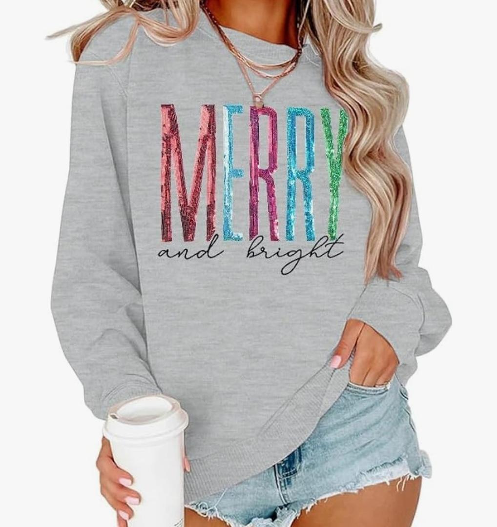 Merry and Bright Sweatshirt Women Merry Christmas Letter Print Long Sleeve Sweater Xmas Crewneck Pullover Casual Blouse Tops XL