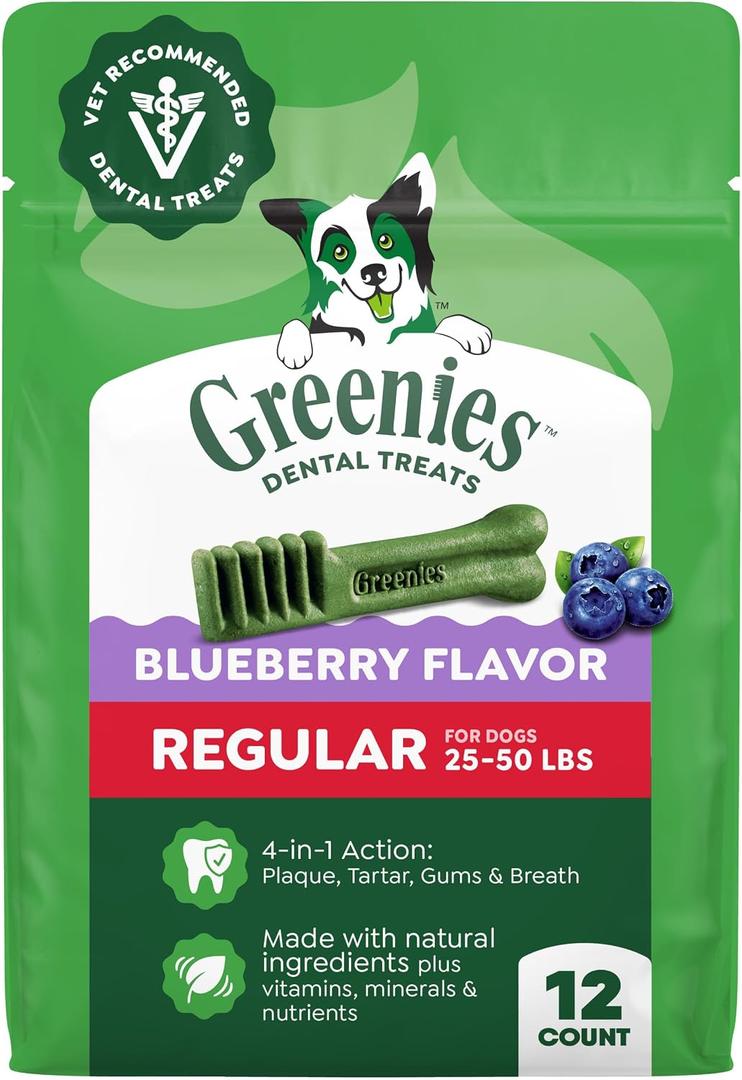 Greenies Veterinarian-Recommended Natural Dental Dog Treats, Dental Chews for Dogs, Regular Size, Blueberry Flavor, 12 oz. Pack, 12 Count (EXP 08/18/27)